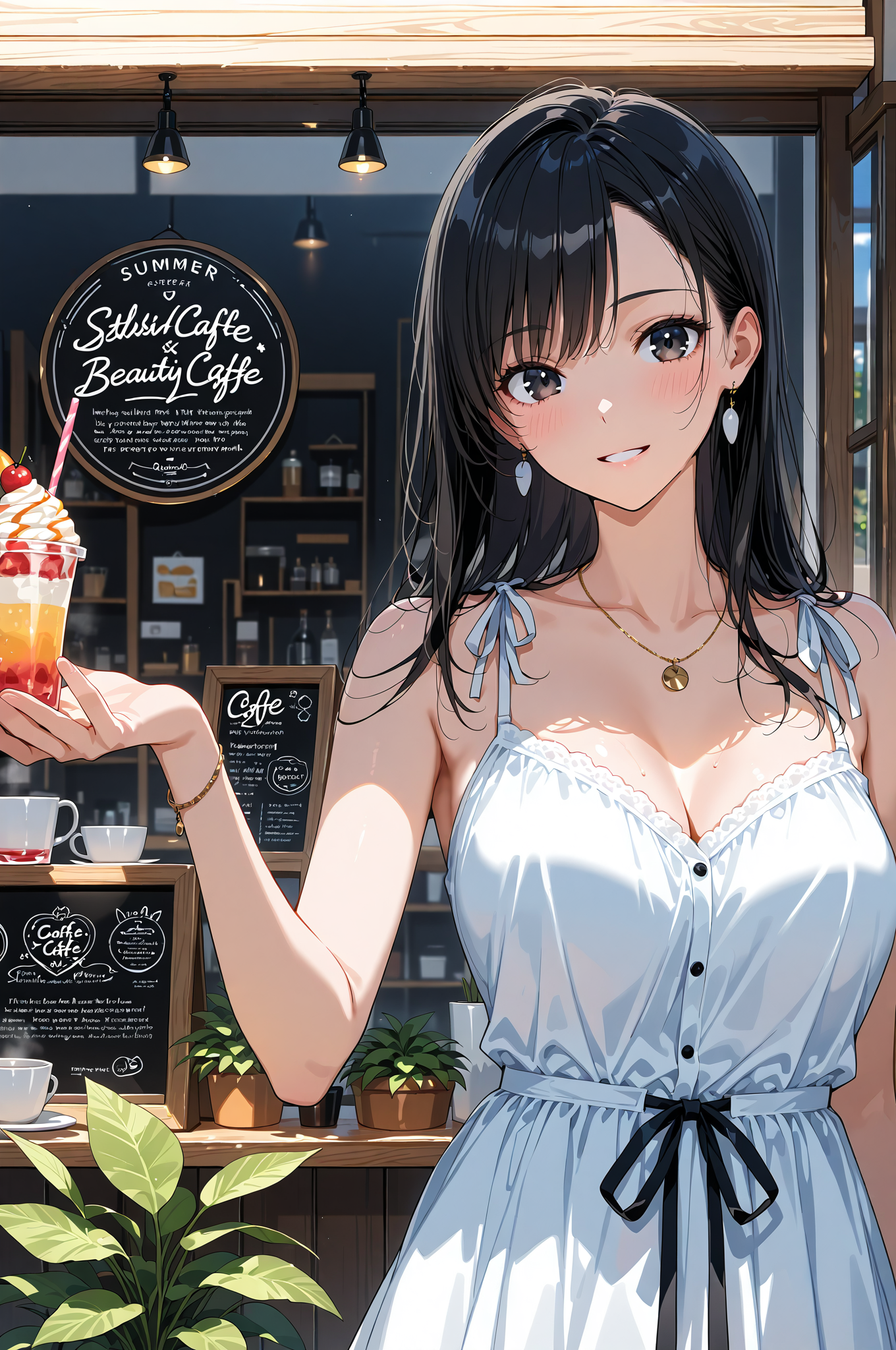 カフェの窓辺で爽やかに微笑む白いワンピースの少女 #美少女 #ワンピース #アニメ調
