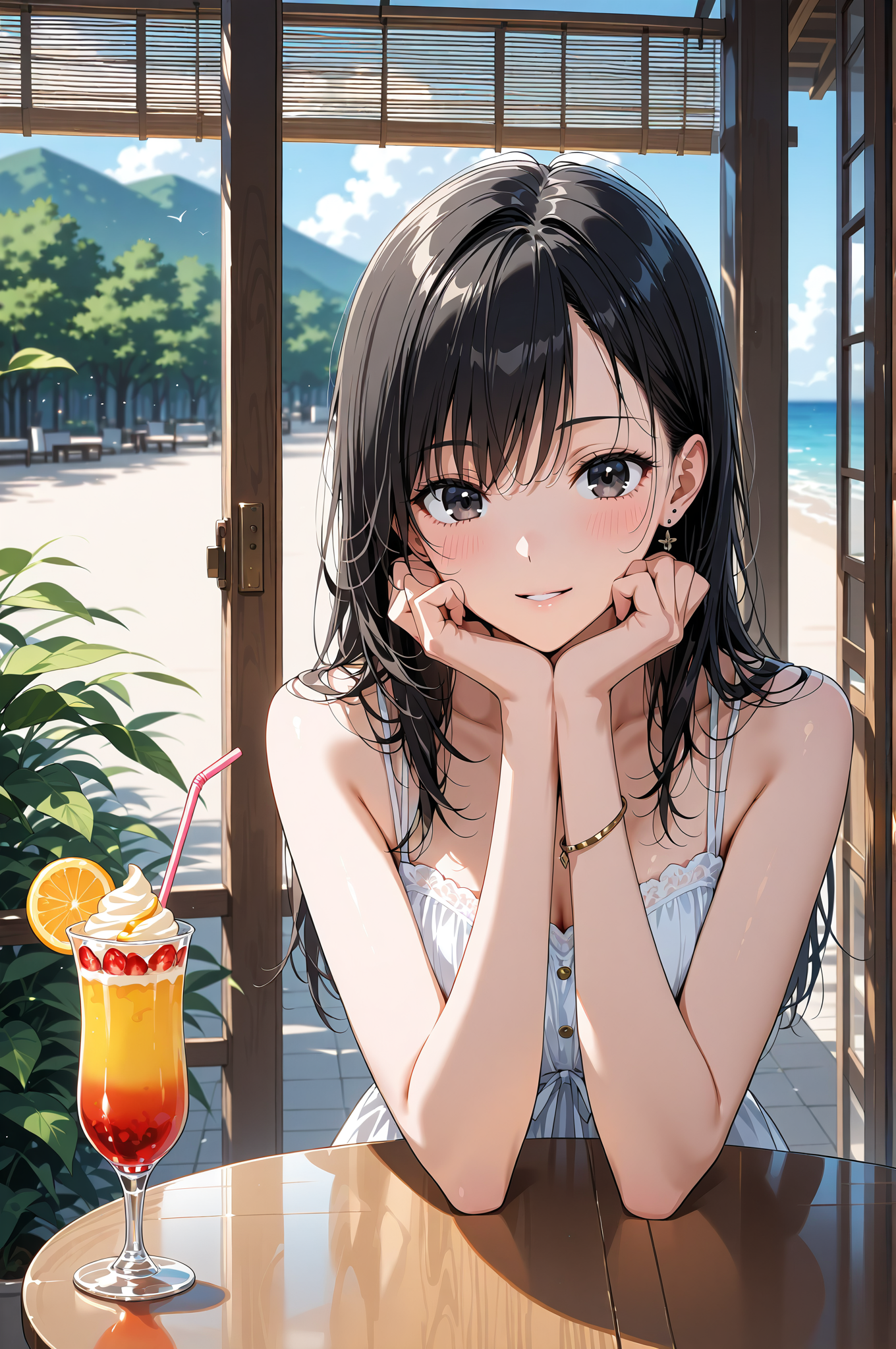 海辺のテラスでカクテルを楽しむ黒髪美少女