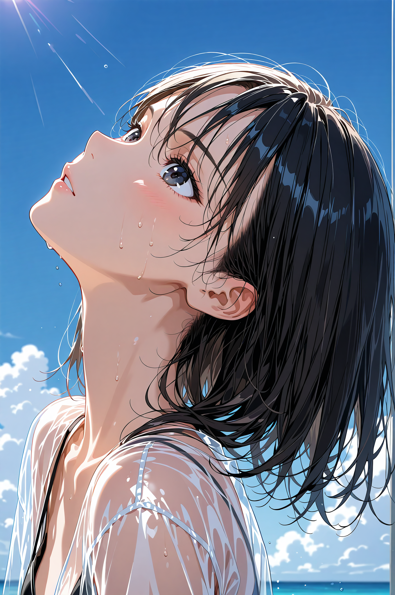青空に仰ぐ黒髪の少女、清涼感溢れるポートレート #美少女 #アニメ調 #青空