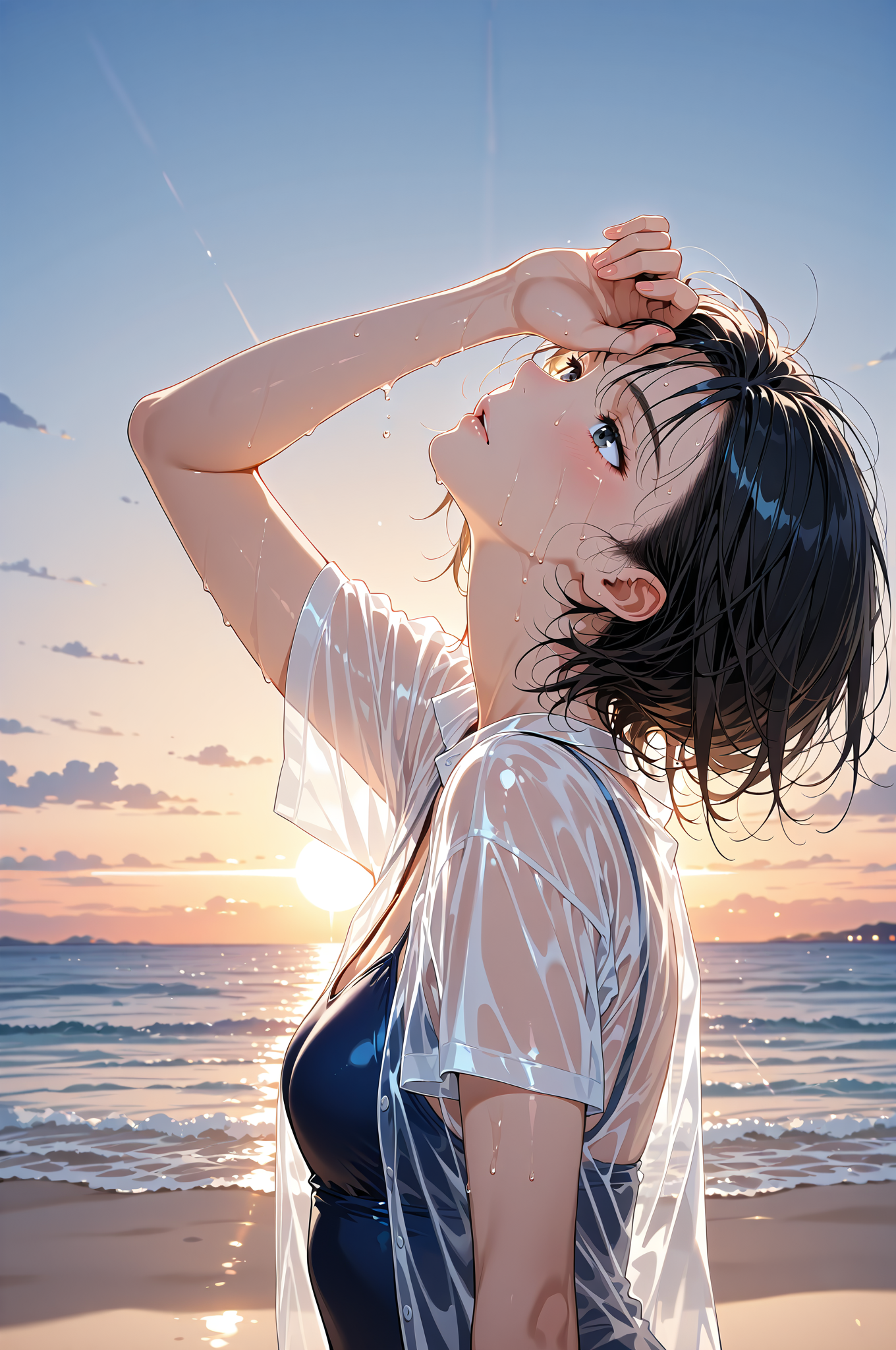 夕焼け海辺の爽やかポートレート #美少女 #屋外 #アニメ調