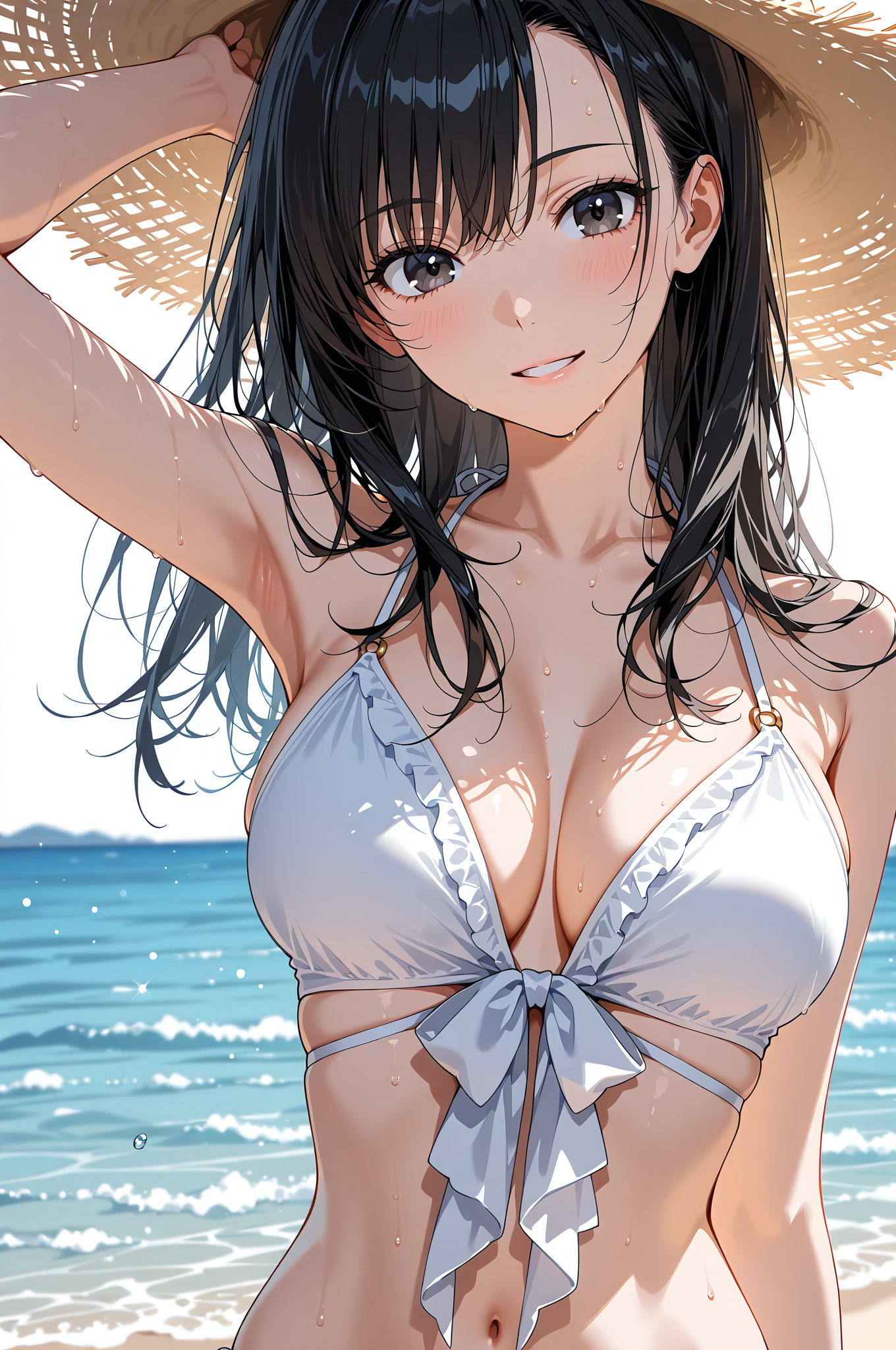 夏の海辺で微笑む黒髪の少女 #美少女 #アニメ調 #下着