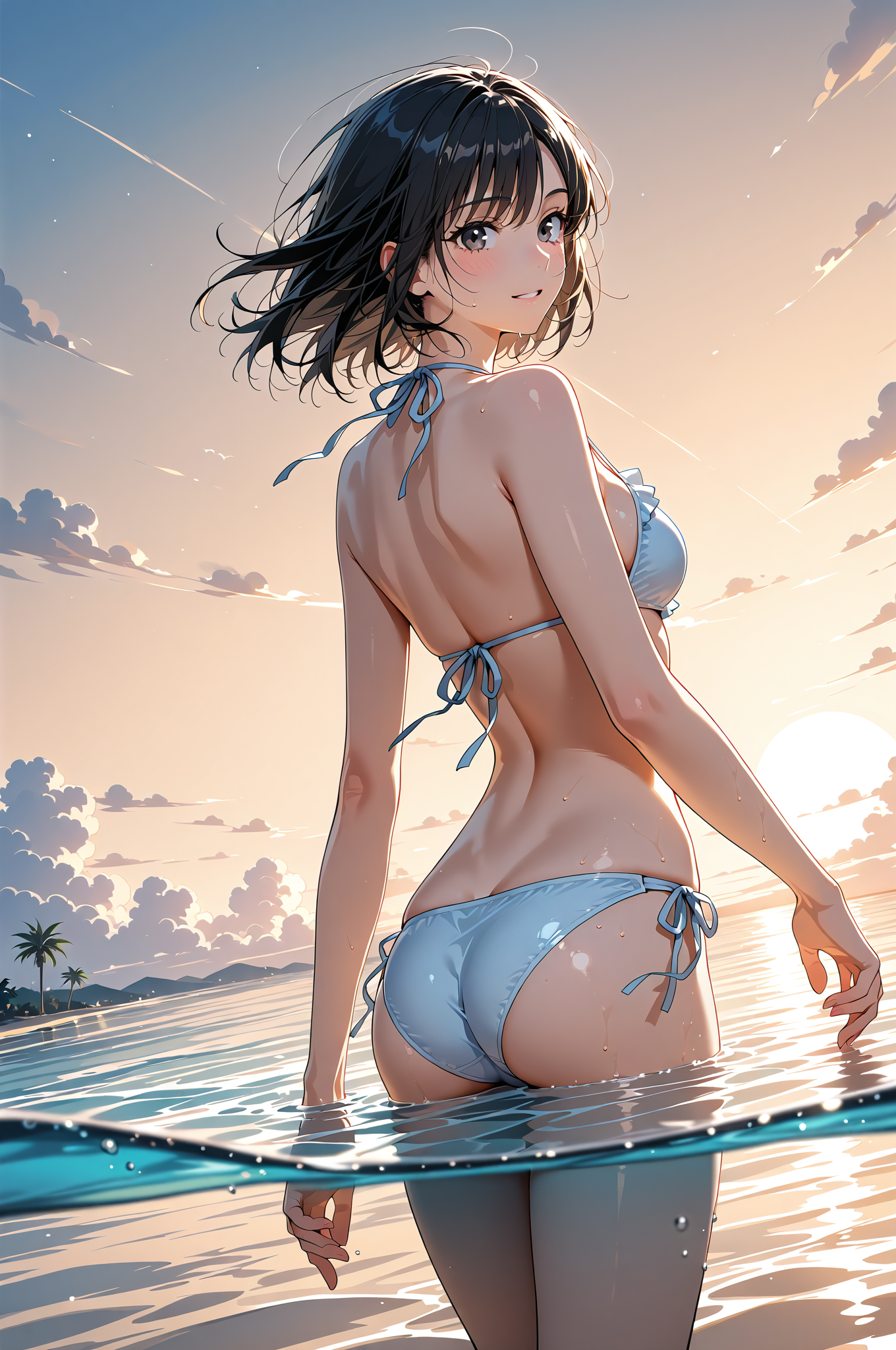 海辺の夏景色、黒髪の少女ポートレート #美少女 #水着 #屋外