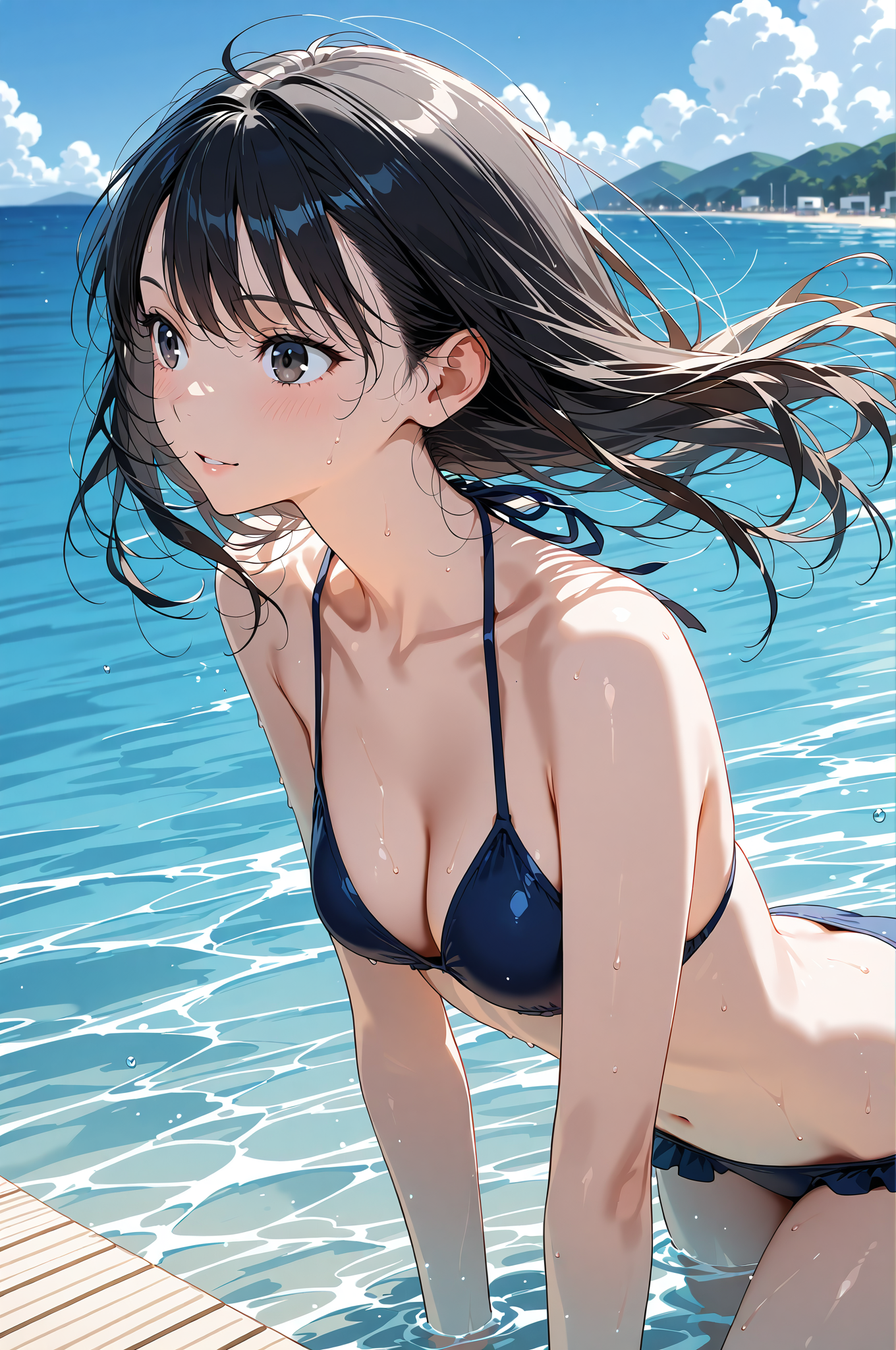 夏の海辺で黒髪はためく水着姿のポートレート #美少女 #水着 #屋外