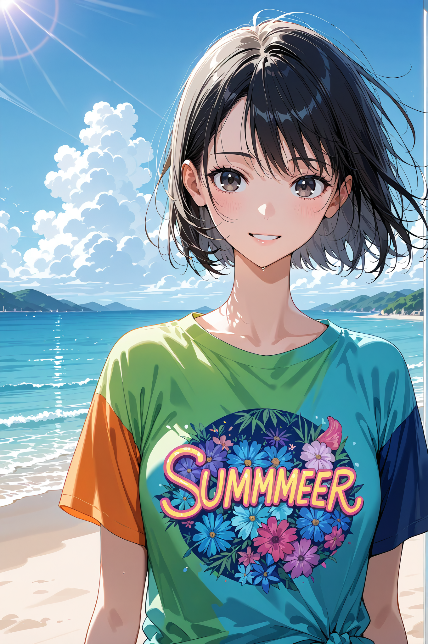 夏空の海辺でカラフルTシャツを着た黒髪の少女 #美少女 #アニメ #ビーチ