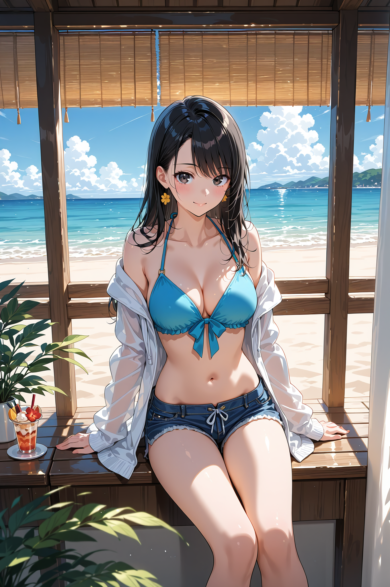 青い海を眺める浜辺のポートレート #美少女 #下着 #アニメ調