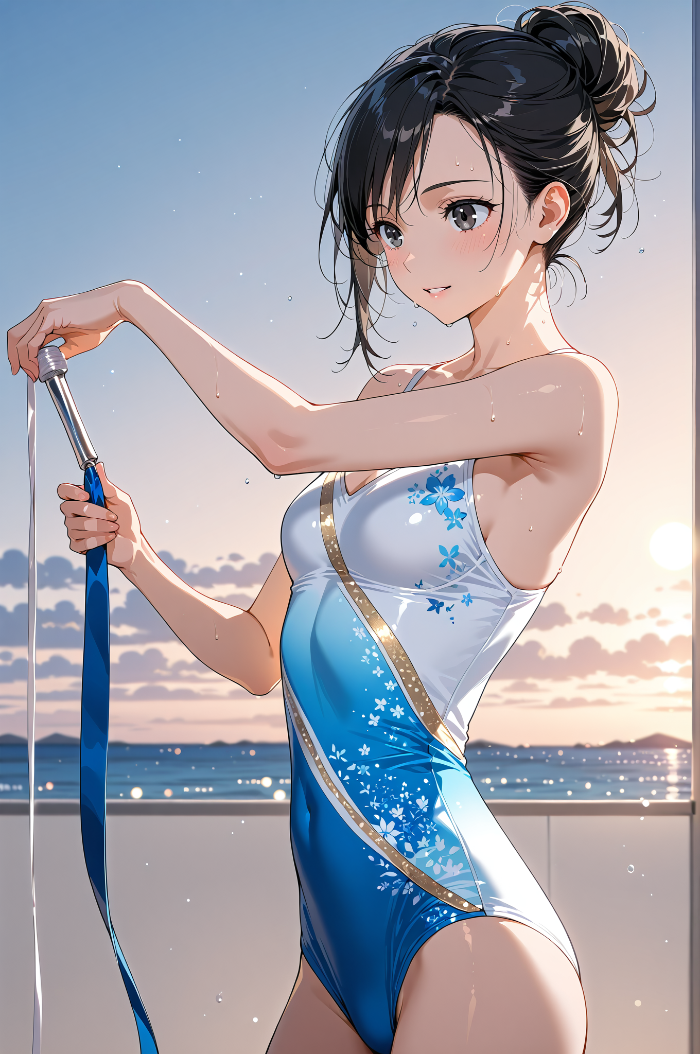 夕焼けを背に傘を握る浴衣姿の少女