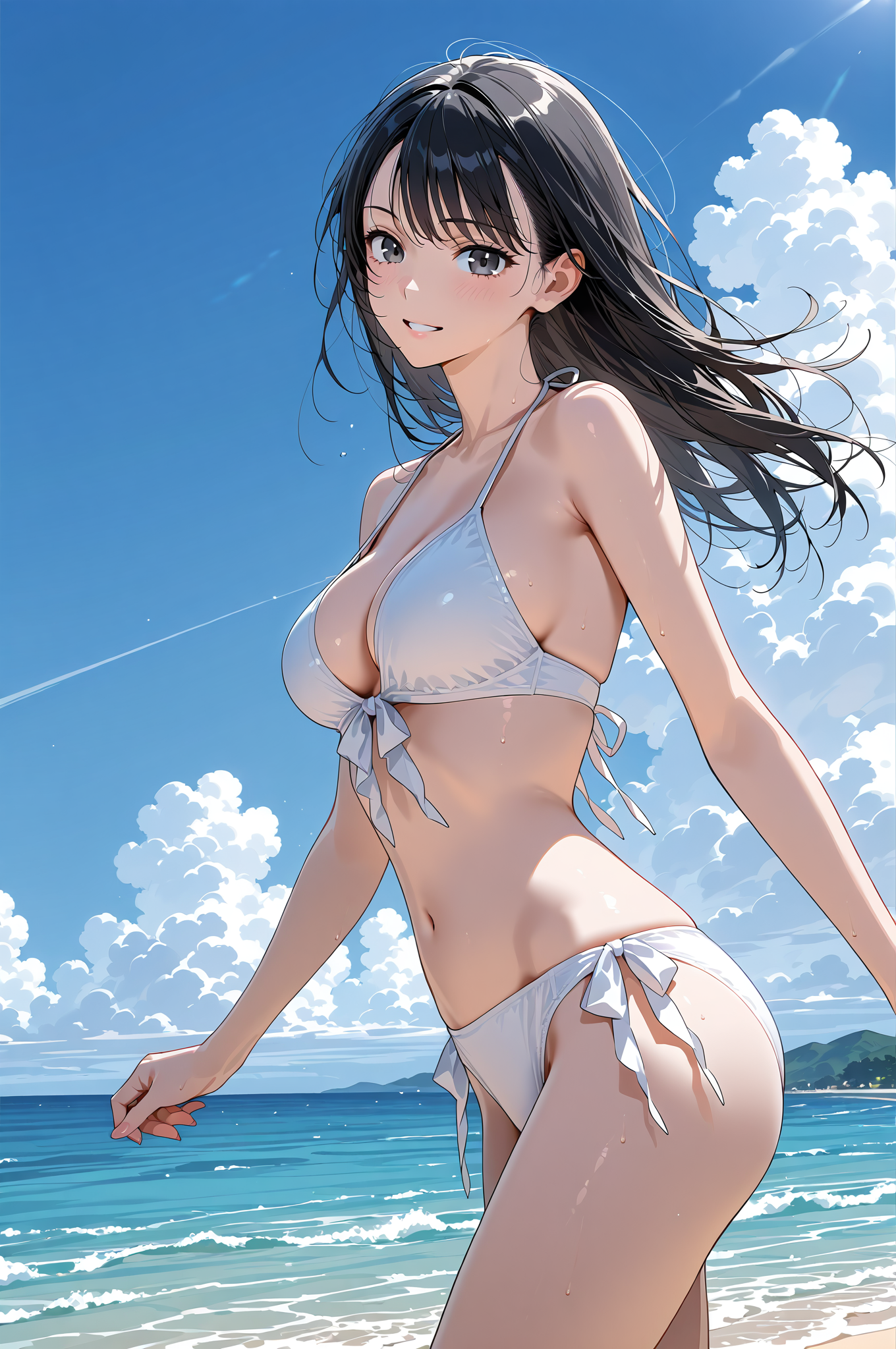 青空と海辺の夏イラスト #美少女 #水着 #屋外