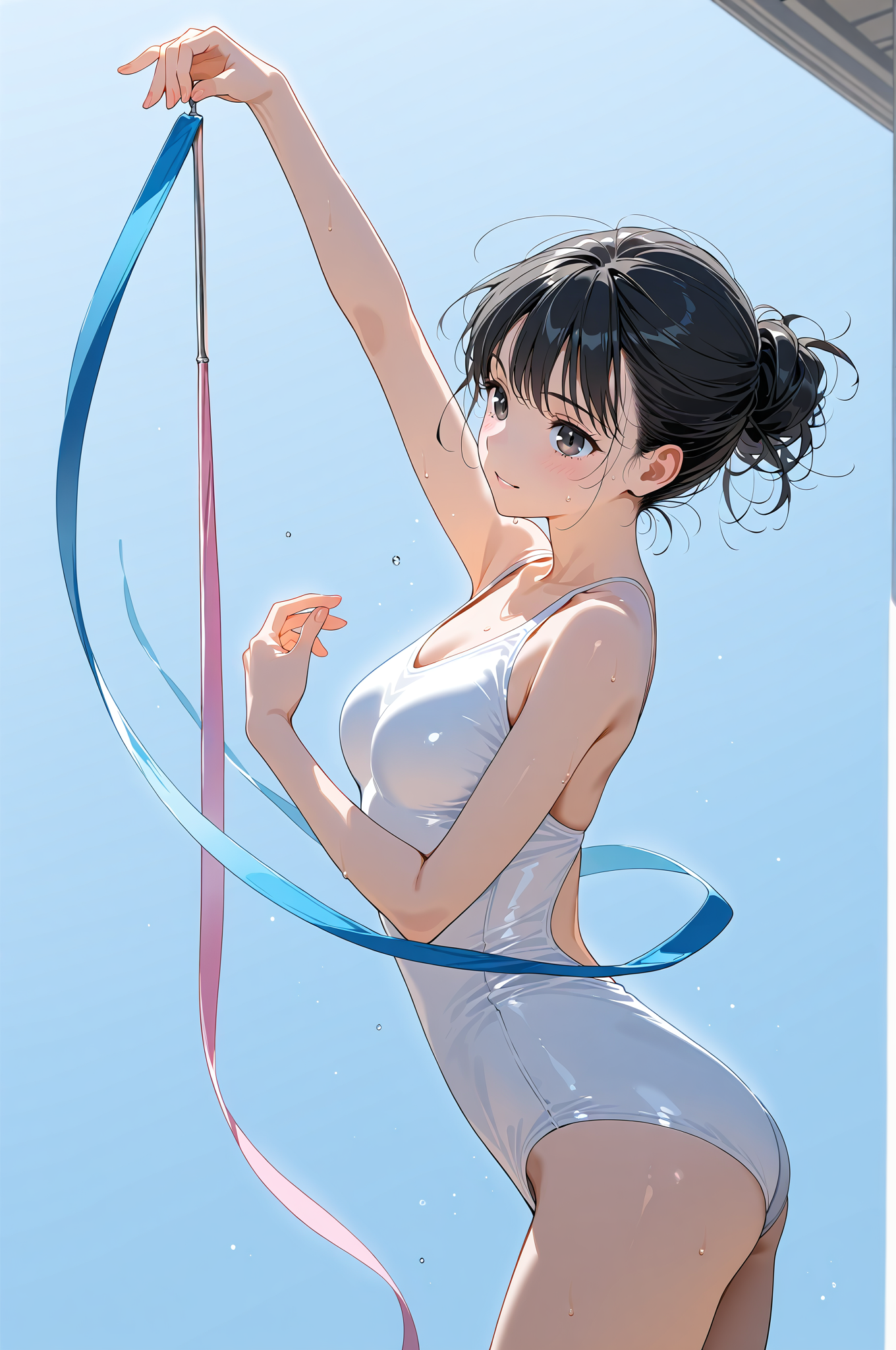 青いリボンと白いトップス、清爽な美少女