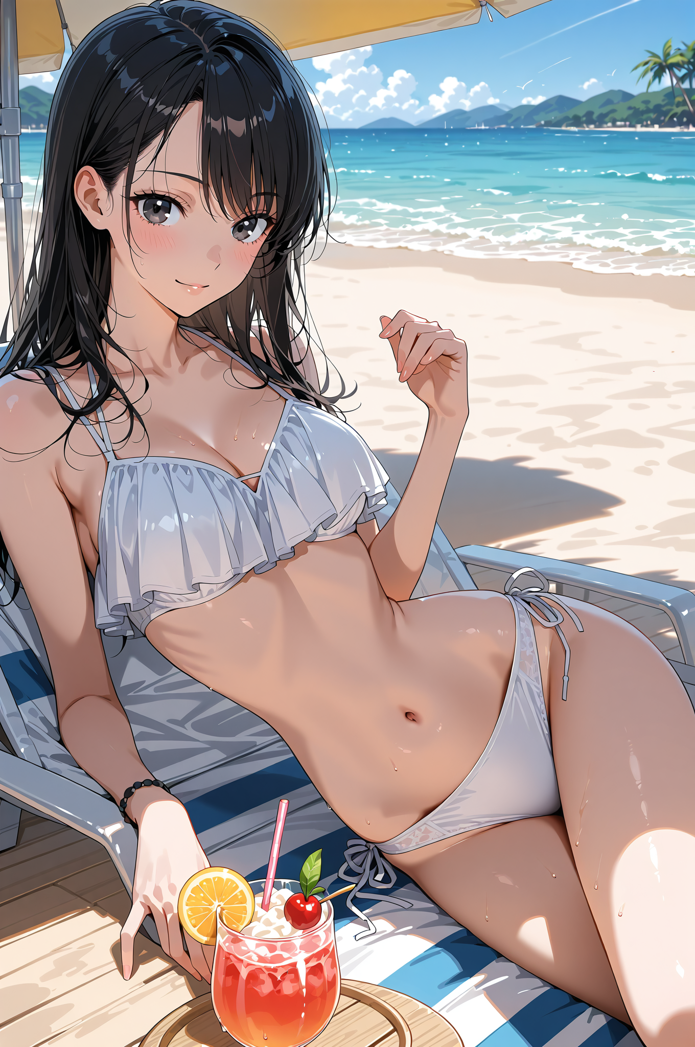 ビーチでくつろぐ黒髪美少女 #美少女 #屋外 #飲み物