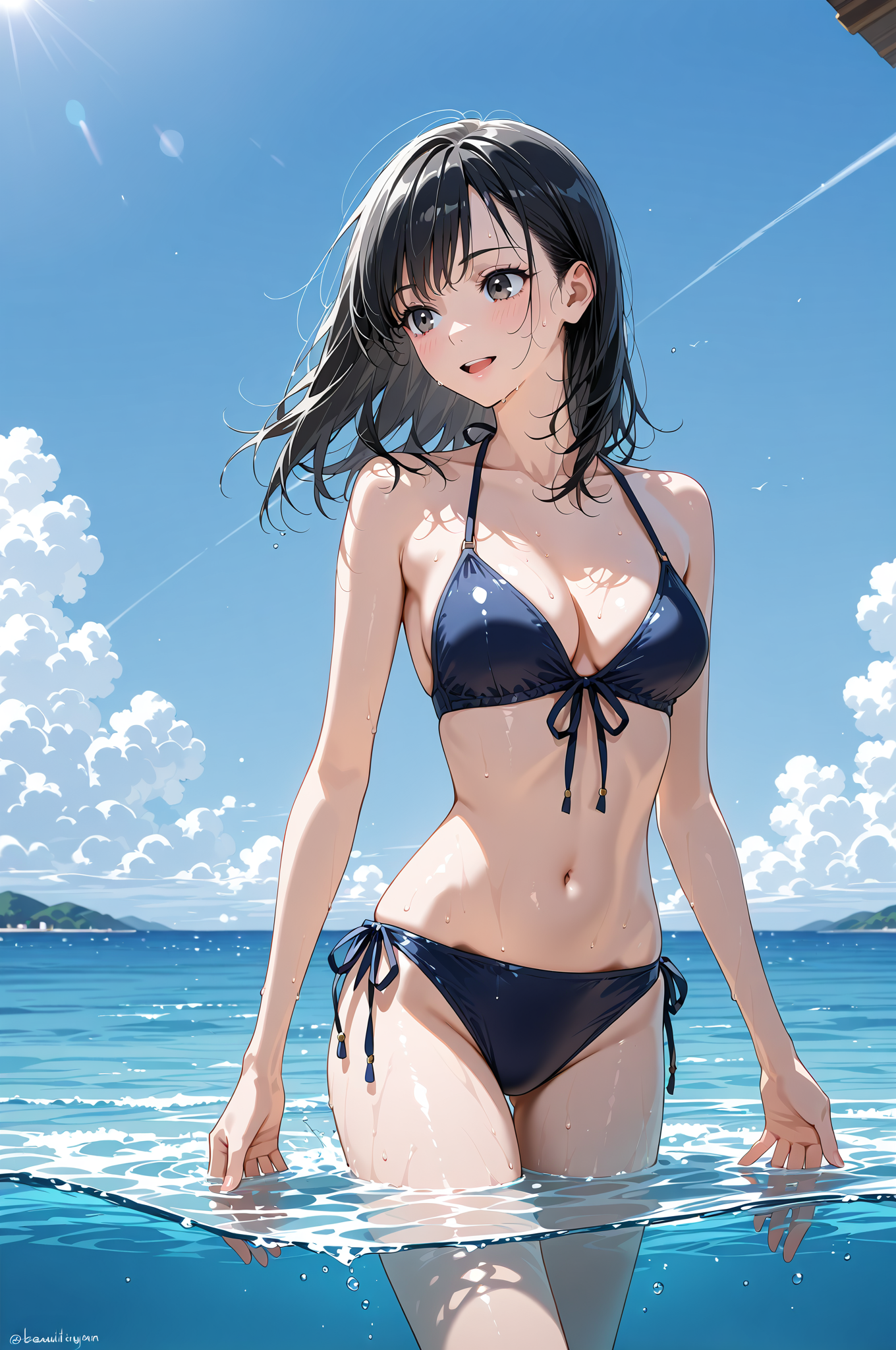 晴れた海でのポートレート、黒髪ショートの微笑み #美少女 #水着 #屋外