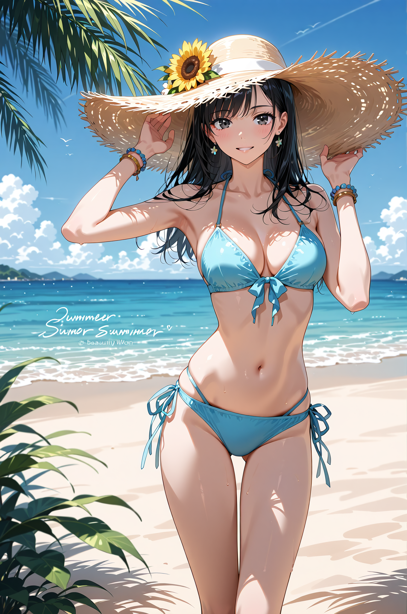 ひまわり帽子のビーチ美少女 #水着 #ビキニ #ビーチ