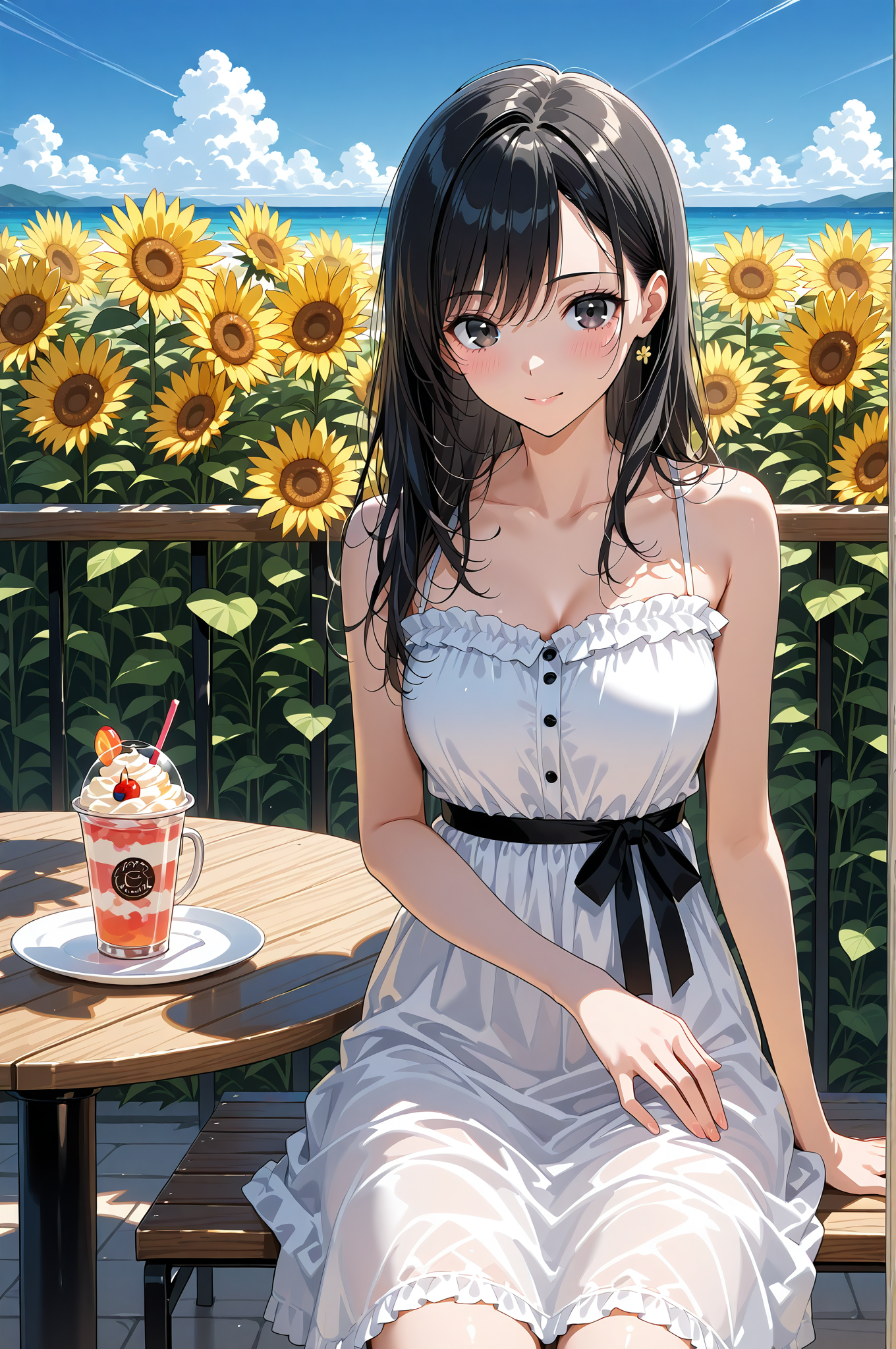 ひまわり畑のテラスで楽しむ夏の午後 #美少女 #屋外 #晴れた日