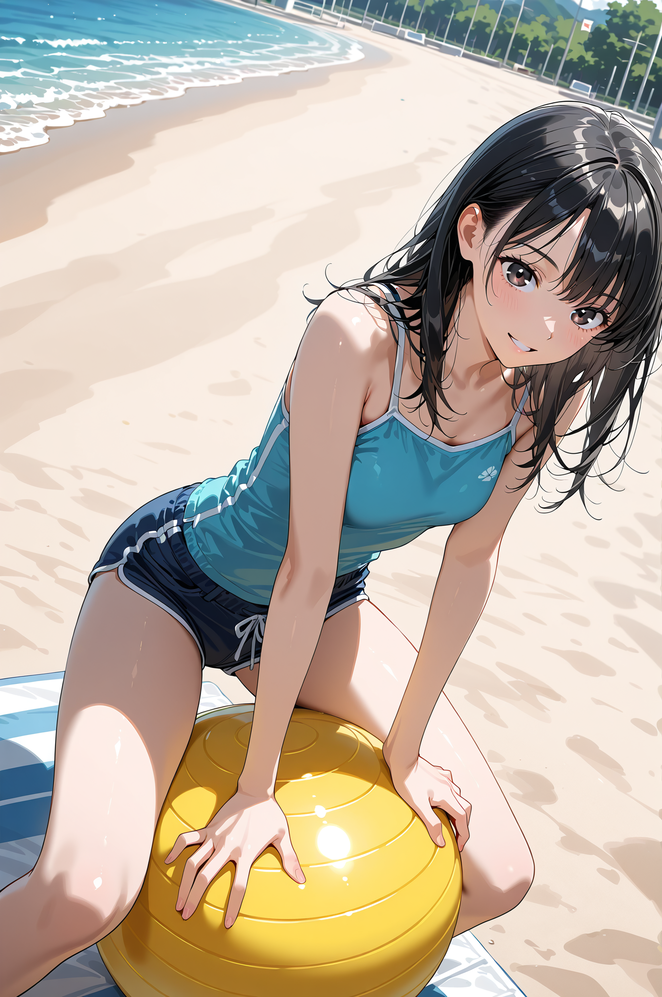 夏のビーチでおもちゃを手にする黒髪の少女 #美少女 #夏 #屋外