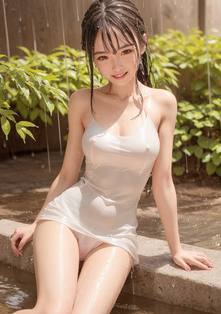 雨の庭園でのポートレート、白いワンピース姿の微笑む少女 #美少女 #清楚 #ワンピース