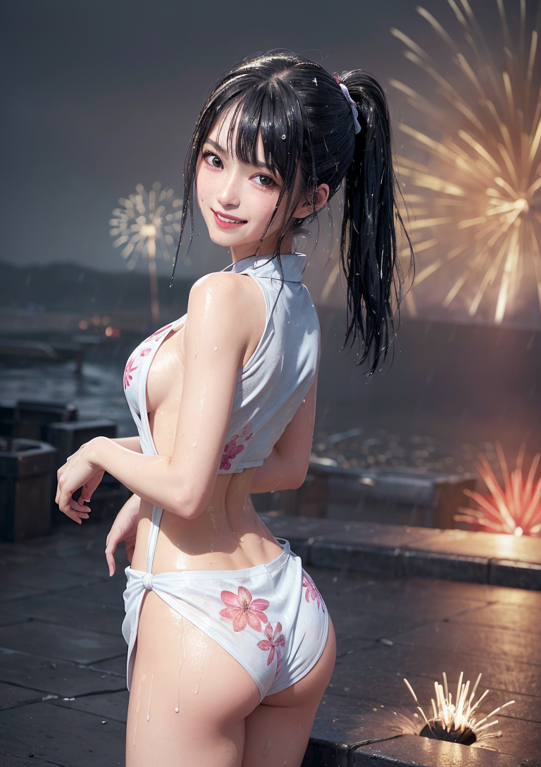 夏祭りの夜、花火を背に振り返る浴衣姿 #美少女 #浴衣 #花火