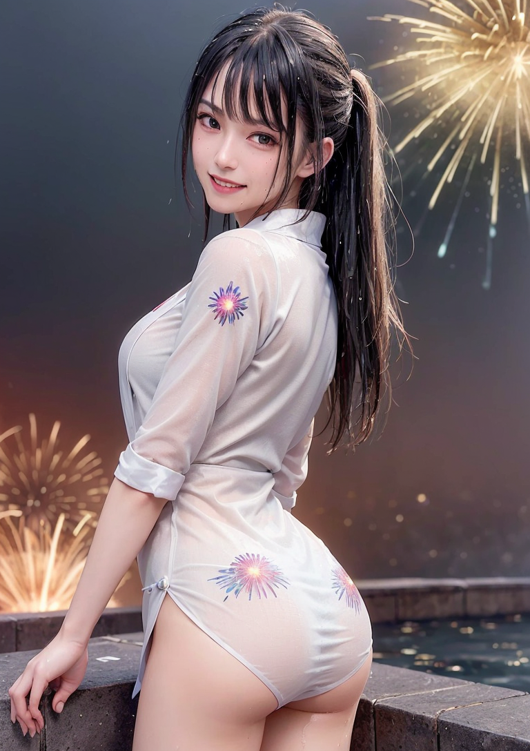 夜景と花火に映える黒髪美少女の涼やか姿 #美少女 #夜景 #花火