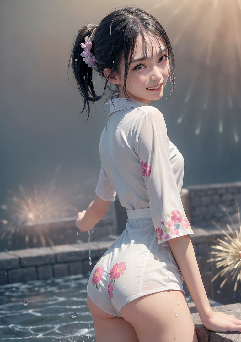 花飾りの髪、水辺に佇む清楚な少女 #美少女 #着物 #笑顔