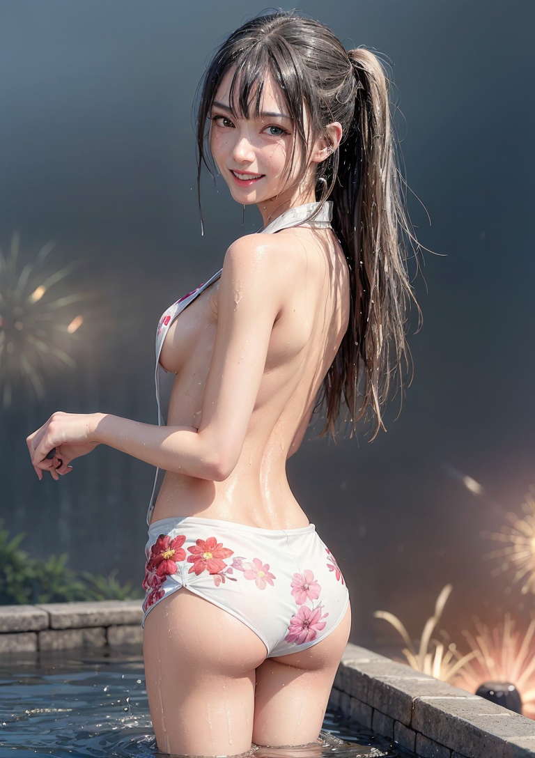 水辺でのポートレート、黒髪ポニーテール #美少女 #笑顔 #水着