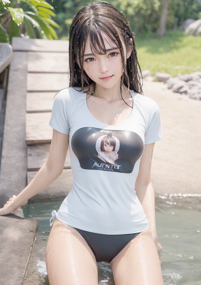 夏の水辺でのんびり微笑む少女 #美少女 #屋外 #白Tシャツ