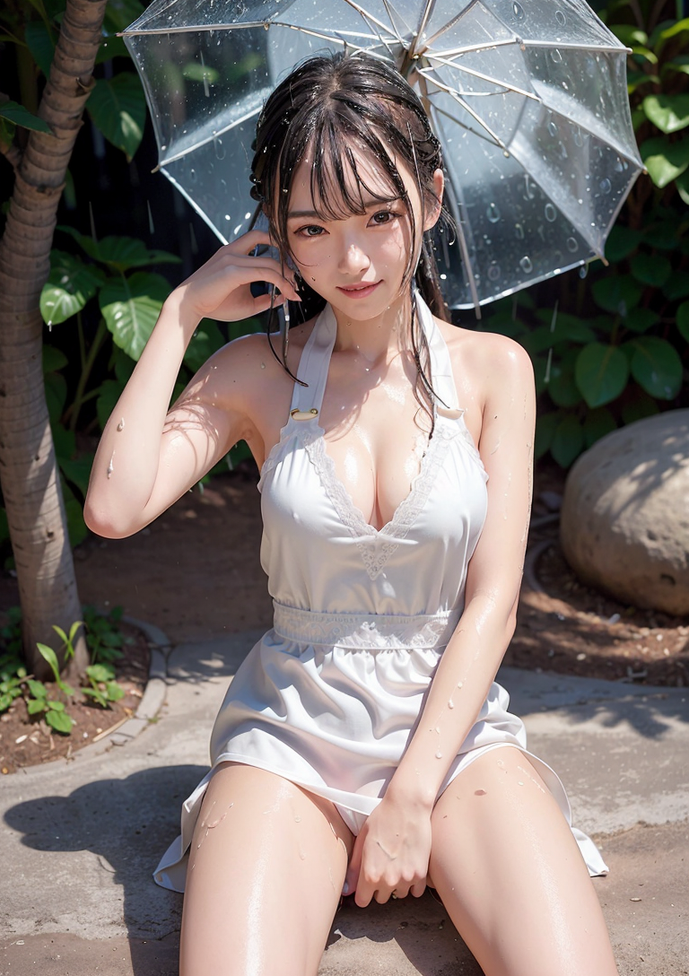 白ドレスと透明傘、南国の雨の日ポートレート #美少女 #清楚 #白ドレス