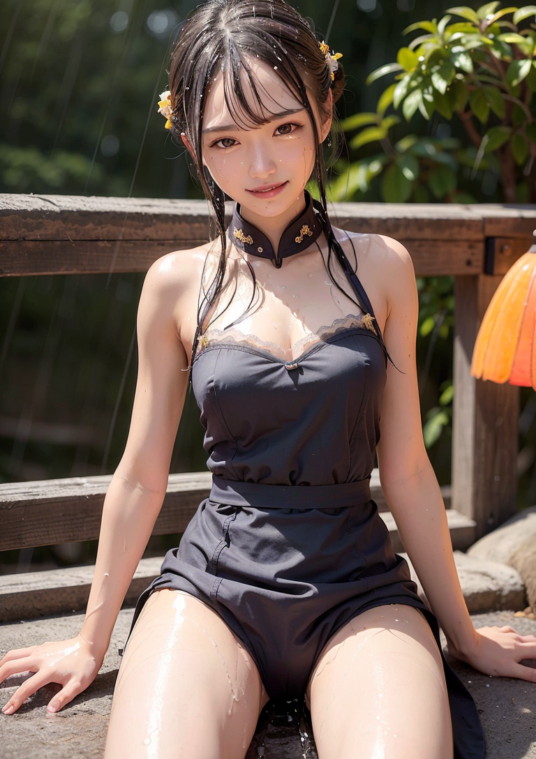 雨の庭園でくつろぐ和洋融合ポートレート #美少女 #チャイナドレス #和風