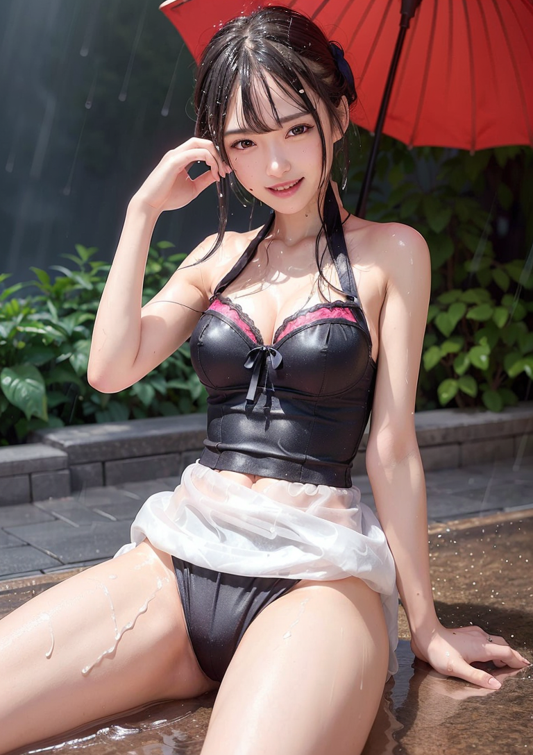 雨の庭園で優雅に微笑む黒髪美少女 #美少女 #清楚 #雨の日