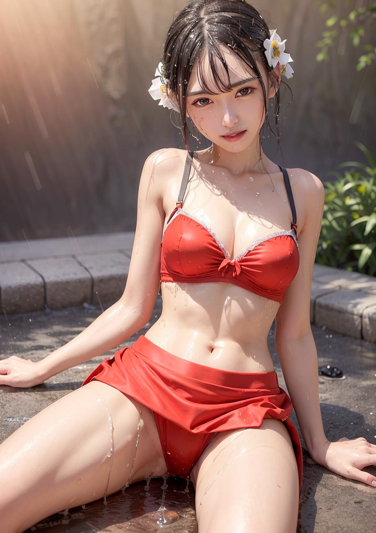 白い花飾りの赤い水着ポートレート #美少女 #水着 #笑顔