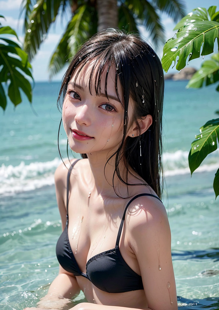 南国の海辺で振り返る黒髪の少女 #美少女 #水着 #南国