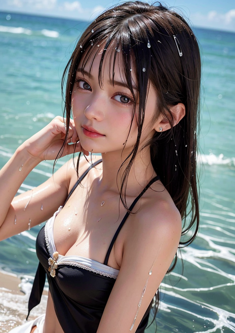 海辺の濡れ髪ポートレート、儚げな表情 #美少女 #水着 #海
