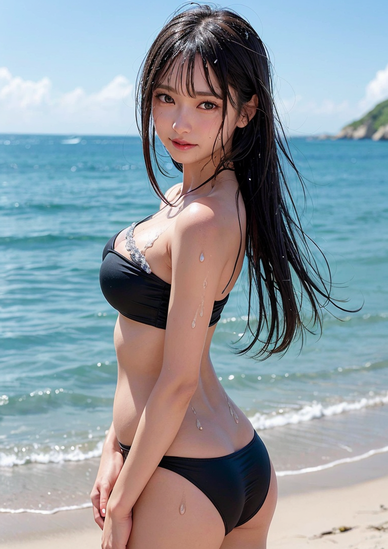 黒髪ロングの美少女、夏の海辺ポートレート #美少女 #ビキニ #ビーチ