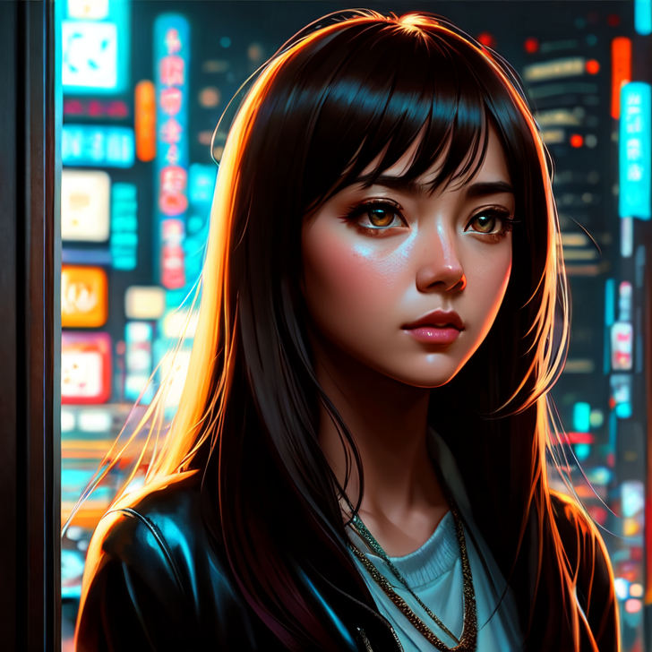 ネオン街を彩る黒髪少女の横顔 #美少女 #夜景 #黒髪