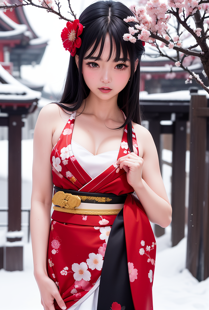 春の庭園で赤い着物姿の優雅な美少女 #美少女 #清楚 #和風