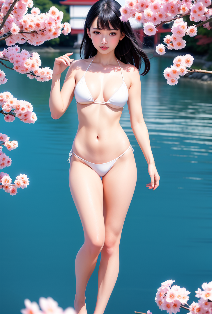 桜咲く庭園で清楚な水着姿のポートレート #美少女 #清楚 #水着