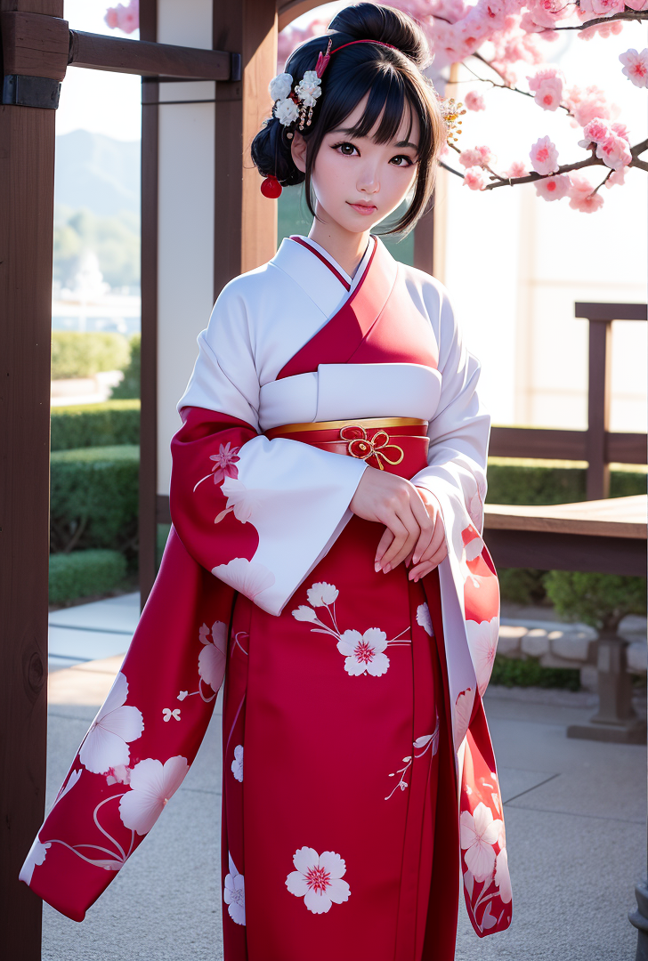 春の縁側に佇む、白赤の優雅な着物姿 #着物 #春 #桜