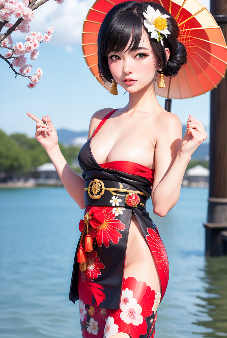 湖畔の春景色、赤い和傘と着物姿の優雅な美少女 #美少女 #和風 #優雅