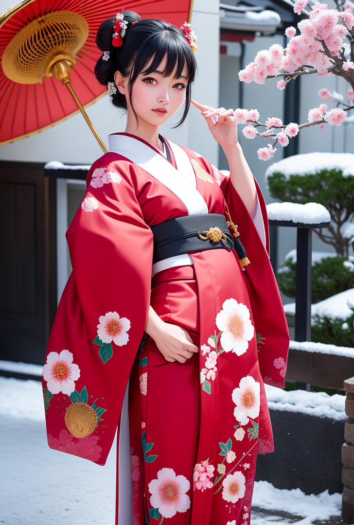 赤い着物と桜の優雅なポートレート #美少女 #着物 #凛々しい
