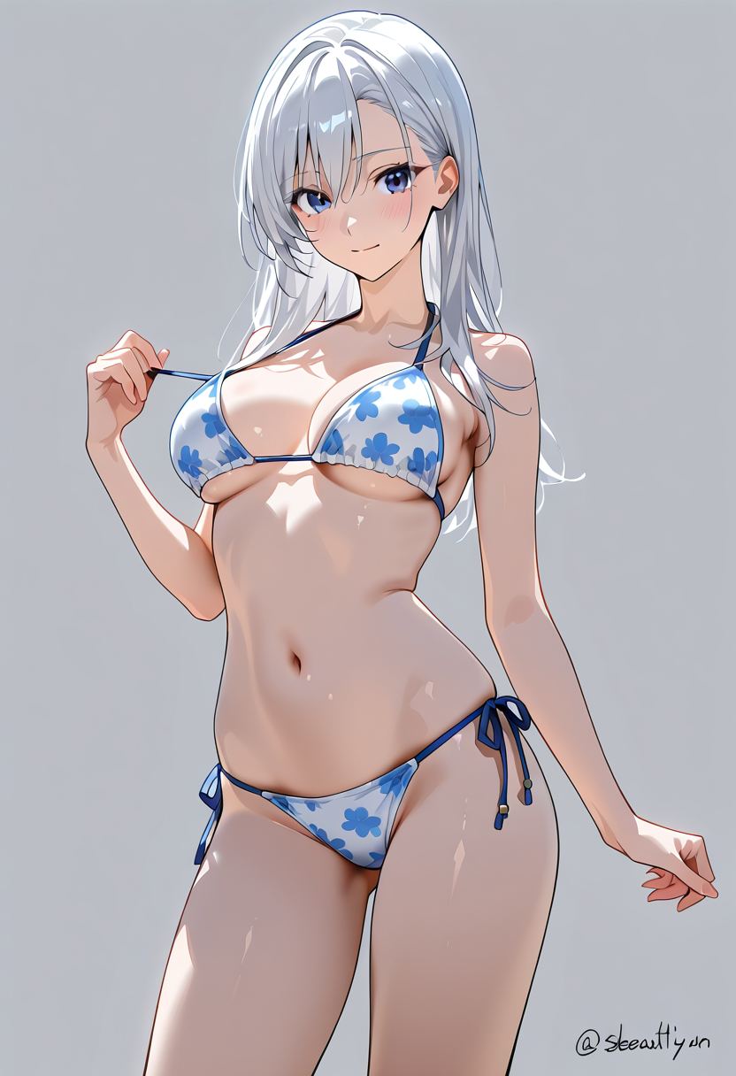 青い花柄ビキニの銀髪美少女イラスト #美少女 #アニメ調 #かわいい
