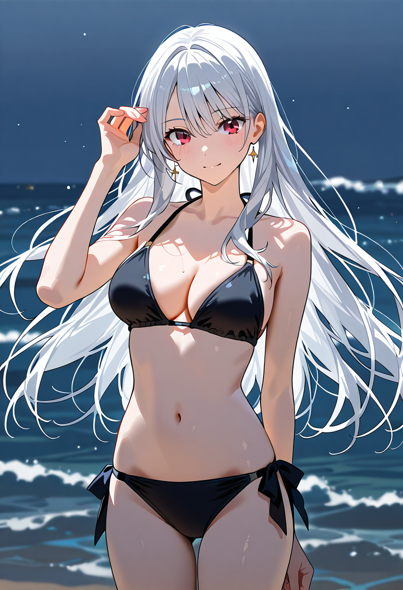 白髪の美少女が佇む夜の海岸 #アニメ #美少女 #かわいい