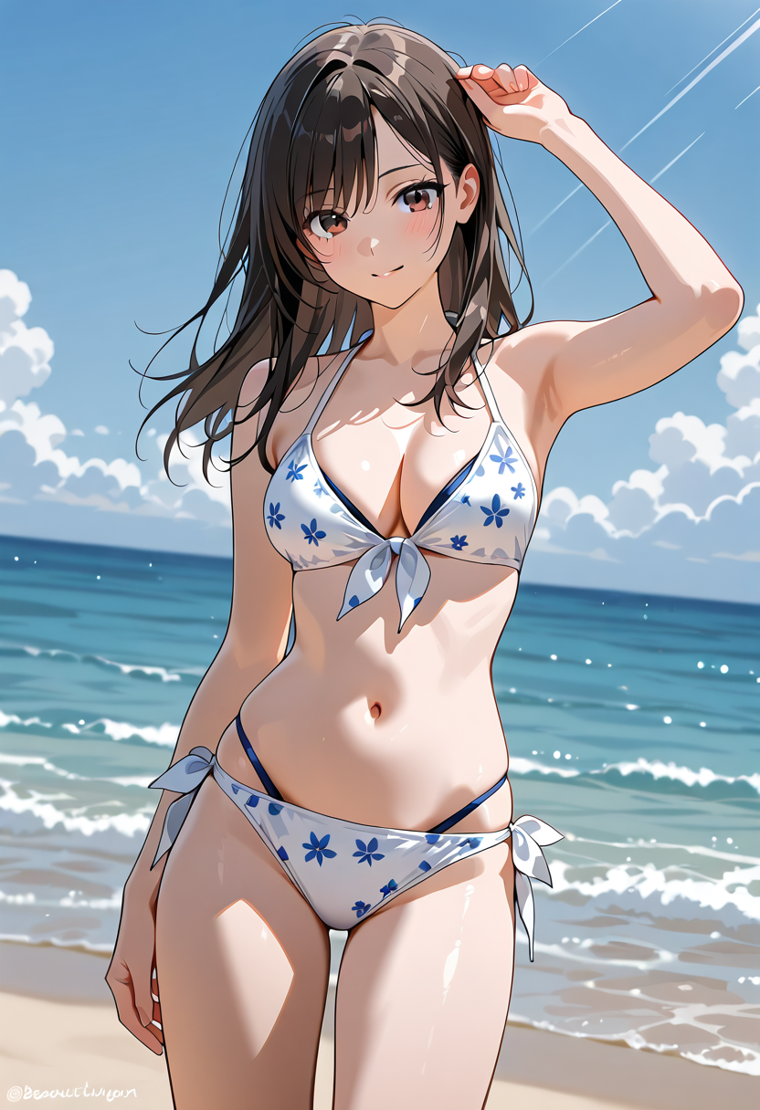 青い花柄ビキニの海辺ポートレート #美少女 #水着 #ビキニ
