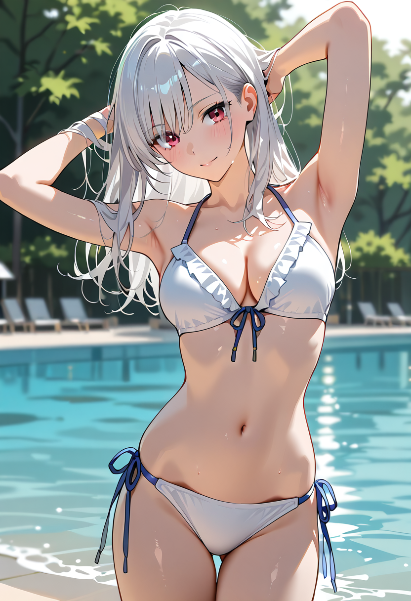 プールサイドの白髪美少女、夏の日差しの中で #美少女 #アニメ #水着