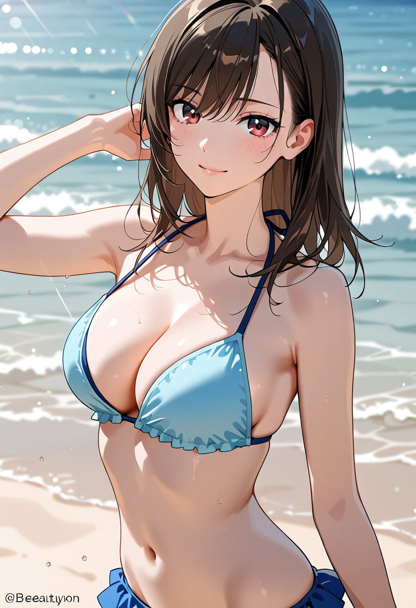 海辺の青いビキニ、笑顔のアニメ美少女 #美少女 #アニメ #水着