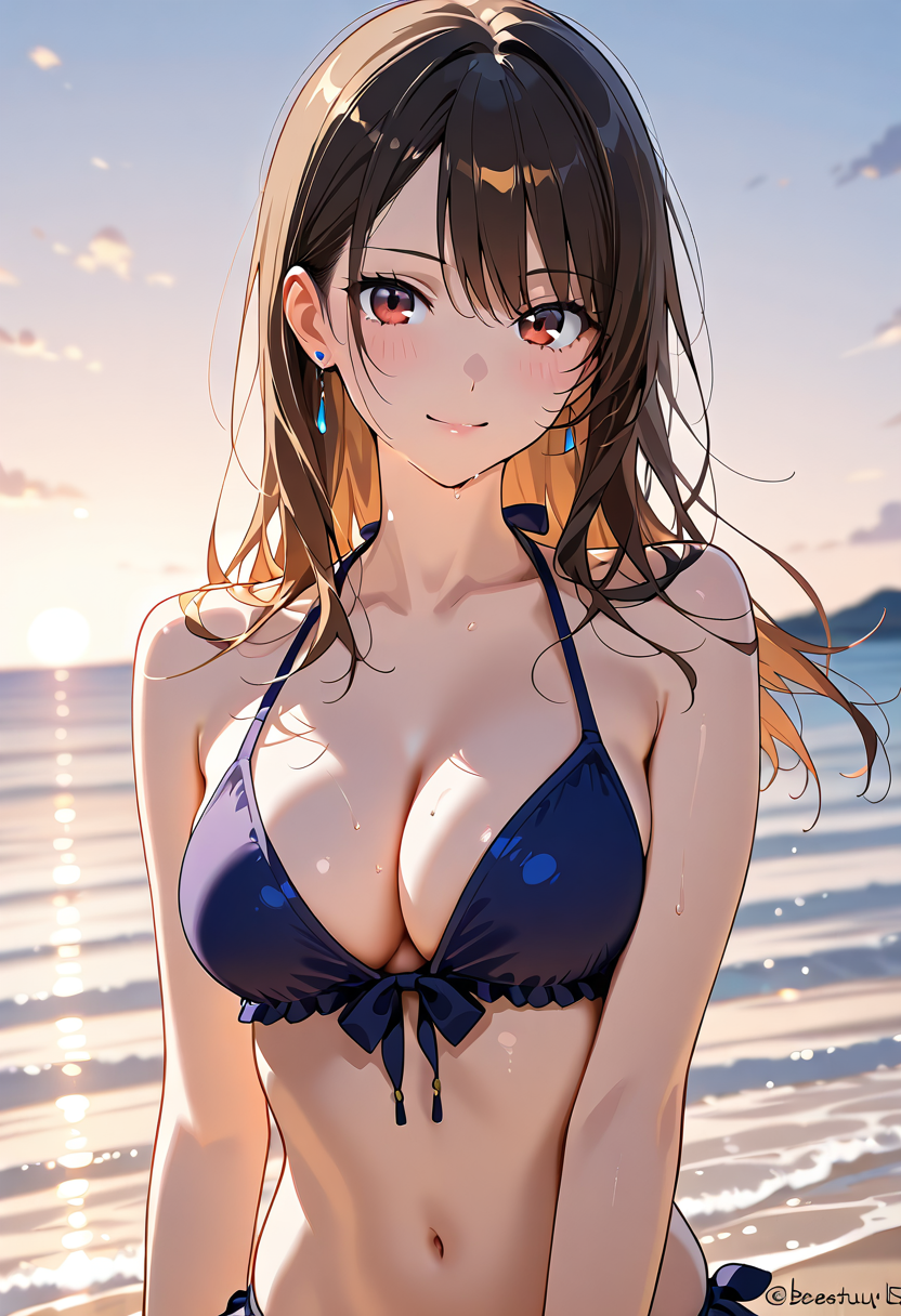 海辺で微笑む、赤い瞳の少女 #美少女 #アニメ調 #屋外