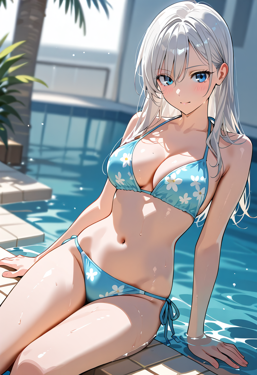 プール傍のポートレート、白髪美少女のアニメ調イラスト #美少女 #アニメ調 #かわいい