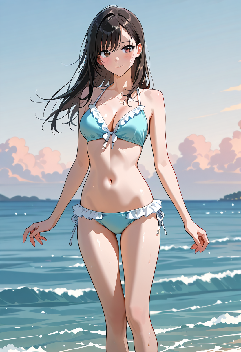 海辺のアニメ調ポートレート、青いビキニ姿の少女 #美少女 #水着 #屋外