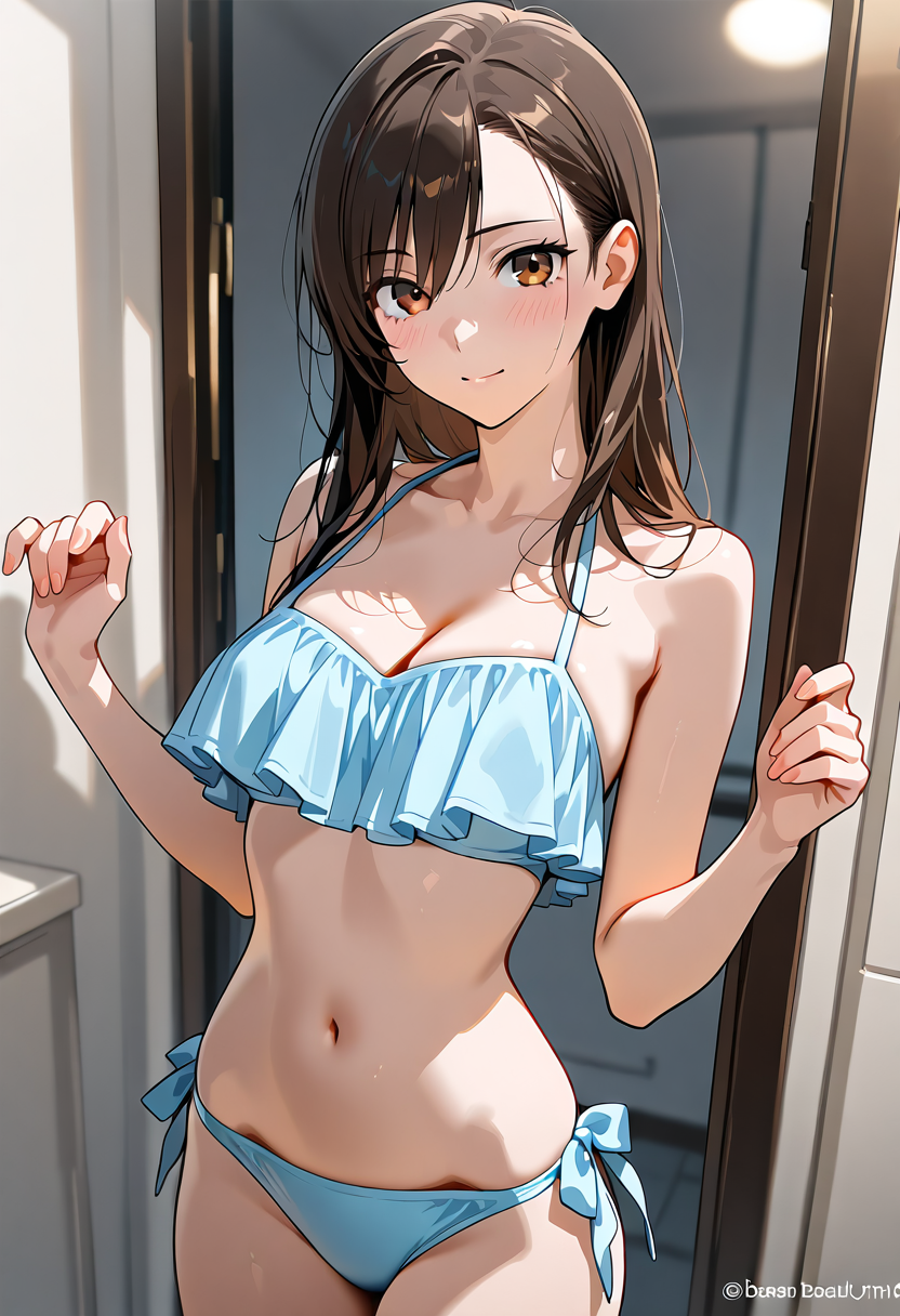 黒髪美少女のポートレート、爽やかな青色水着 #美少女 #アニメ調 #かわいい