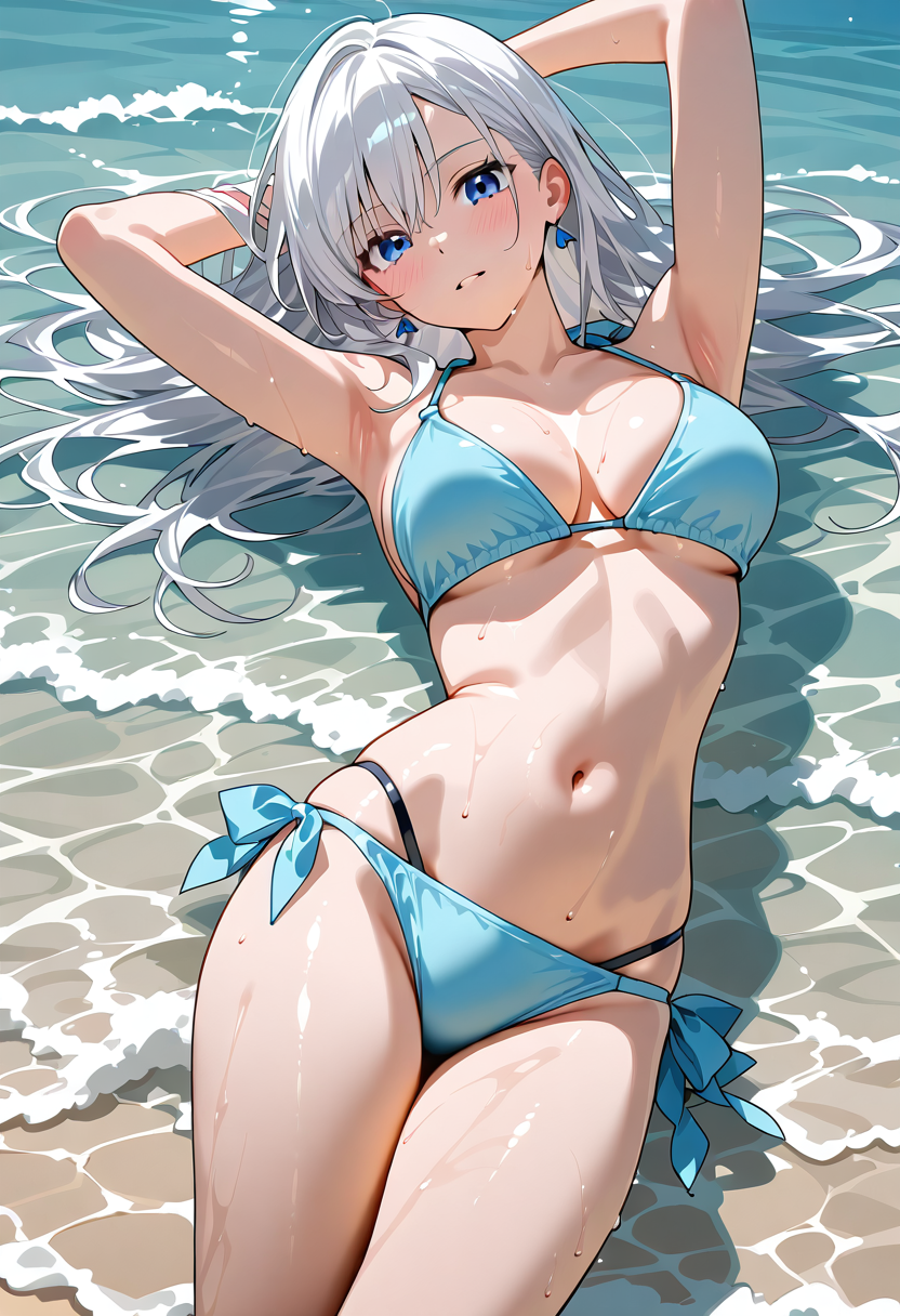 青いビキニの美少女、夏の海でくつろぐ #水着 #ビキニ #美少女
