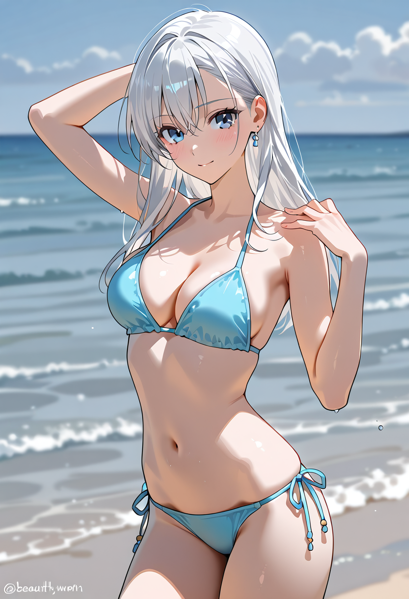 白髪の美少女、夏の海辺でのポートレート #美少女 #水着 #アニメ