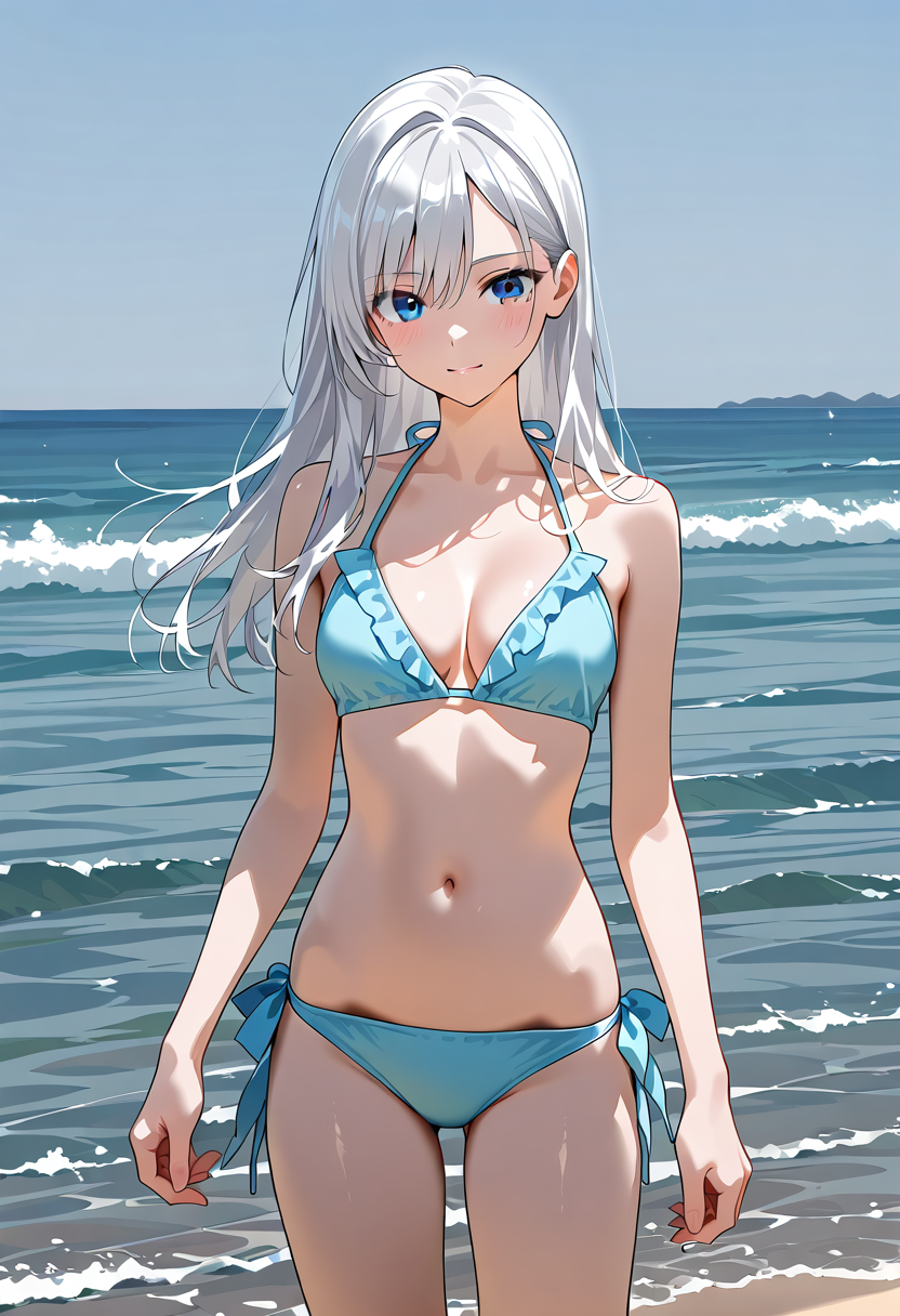 白髪の美少女、青いビキニで夏の海辺ポートレート #水着 #ビキニ #屋外