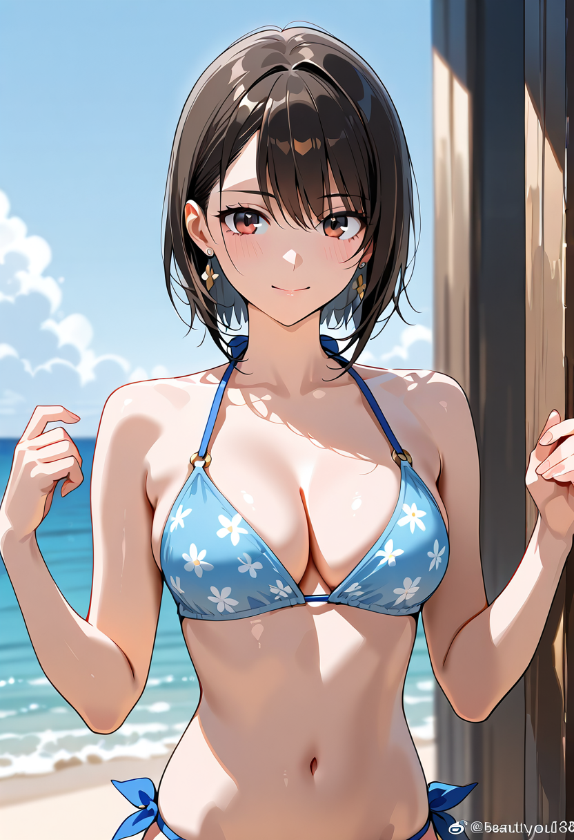 青い花柄水着の笑顔ポートレート #美少女 #水着 #アニメ調