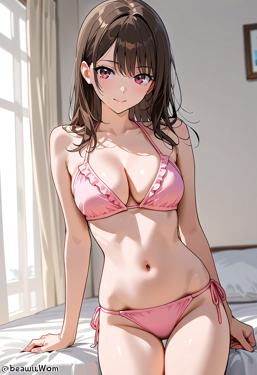 ピンクの水着姿、柔らかな日差しの中で笑顔のアニメ調ポートレート #美少女 #かわいい #ファッション